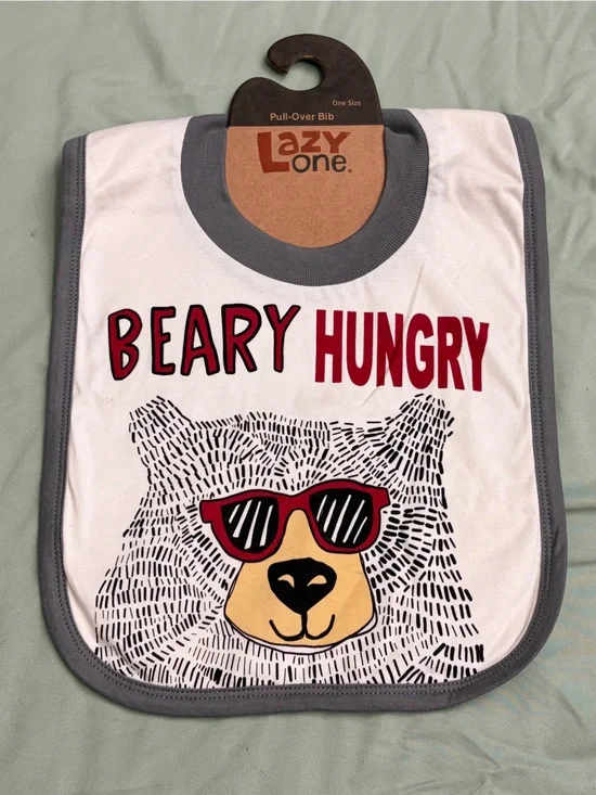 Lazy One White Bib with Bear Wearing Red Sunglasses