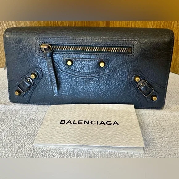 Balenciaga Black Leather Zip-Around Wallet with Studded Details