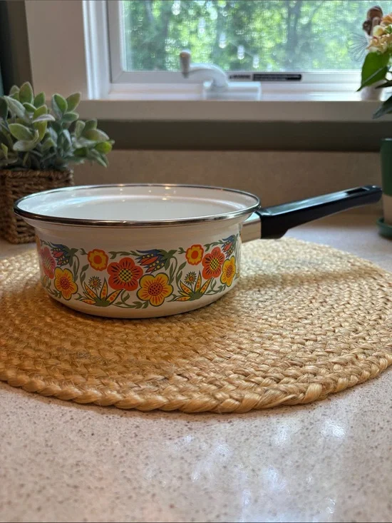 Vintage 1970s Enamelware Saucepan/Pot Flower Power