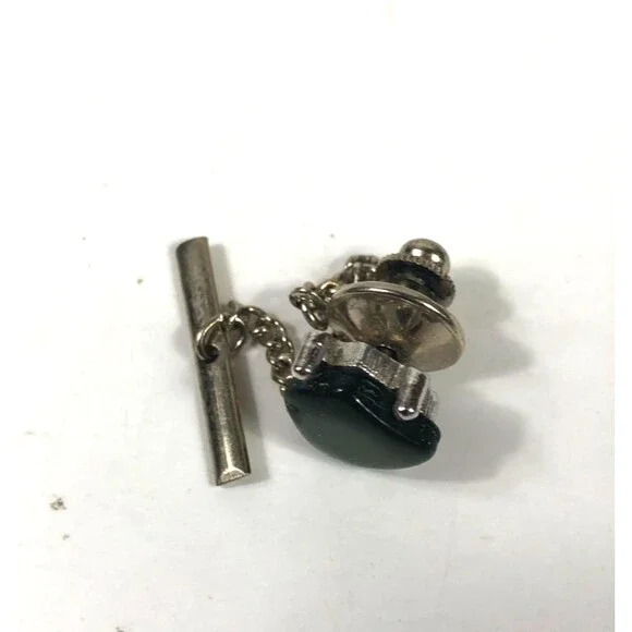 Vintage Polished Green Jadeite or Serpentine Stone Tie Tack w/ Chain Bar