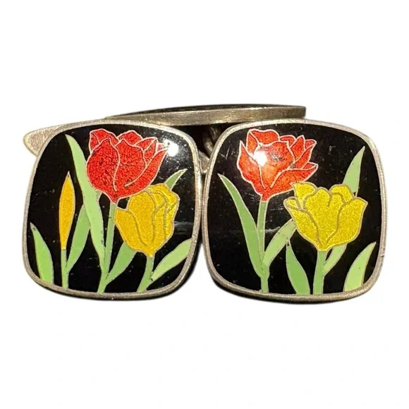 Vintage Sterling Silver Guilloché Enamel Cufflinks Tulips, Mid-Century Mod J16