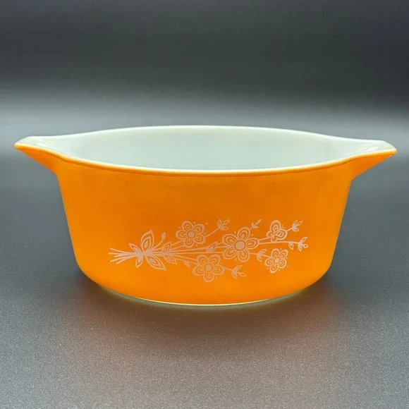 Pyrex Orange Butterfly Gold Casserole Dish 475-B 2.5 Quart Vintage
