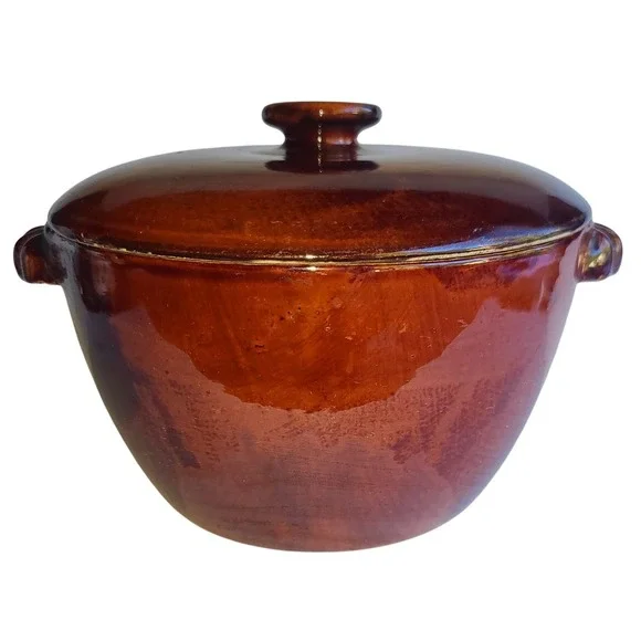 Vintage Old Hickory 3 Pc. Duchess Brown Stoneware Pot, Lid and Strainer Insert