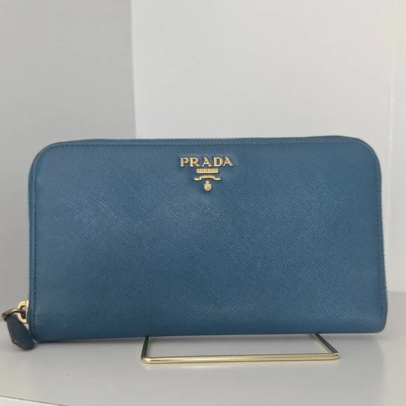 Prada Blue Saffiano Leather Large Organizer Zippy Wallet