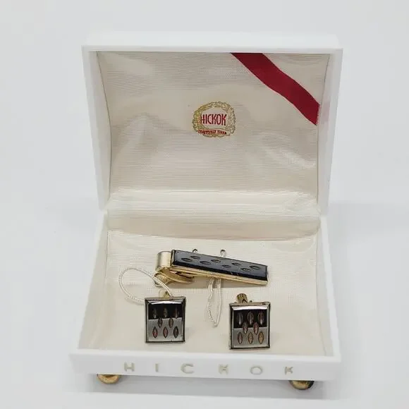 Hickok Mens Vintage Cufflinks and Tie Clip Gold with Etched Slate Black Detail