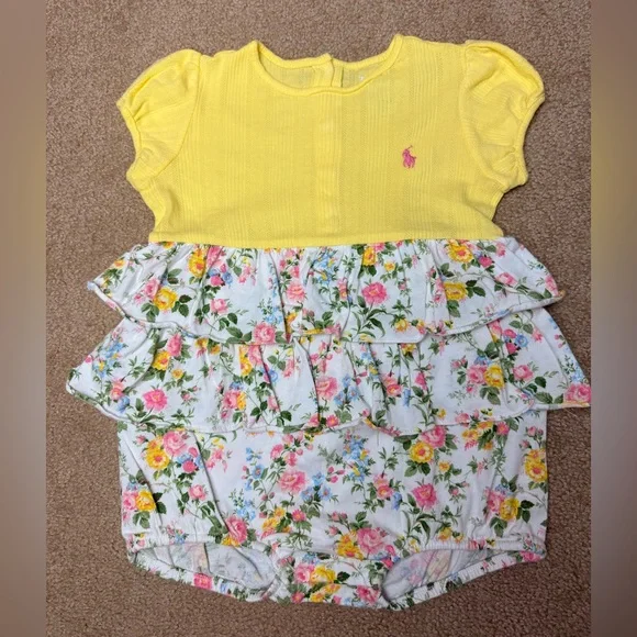 Ralph Lauren Baby Girls 24M Yellow Floral Ruffle Bubble‎ Romper Dress Pony Logo