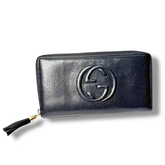 Gucci Soho Interlocking G Tassel Calfskin Leather Zip Around Long Wallet Black