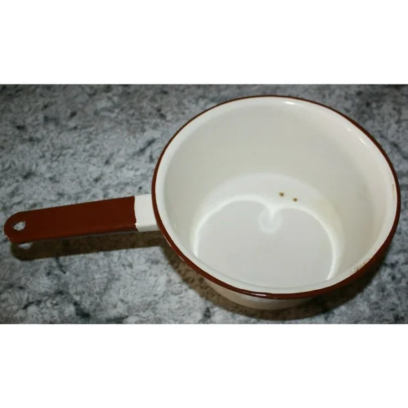 Vintage Enamelware Sauce Pan, Tan with Brown Trim & Handle 7.5 X 3.5 No Lid GUC