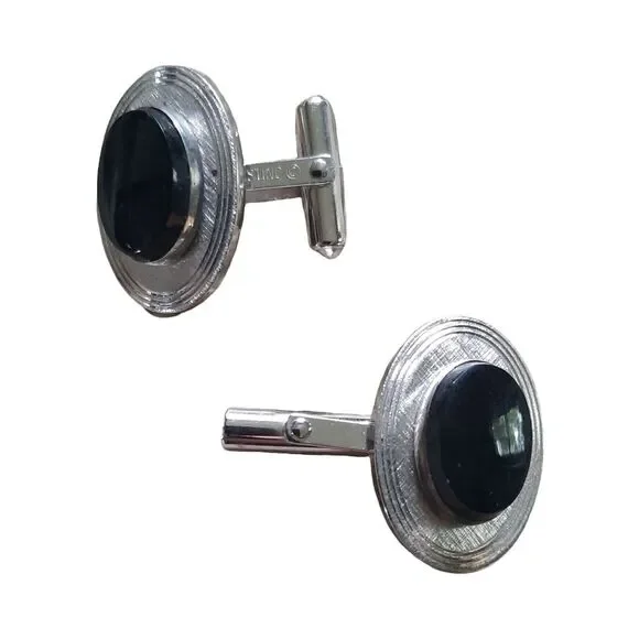 Silver-Tone Cufflinks with Black Onyx Accent - Men's Accessories