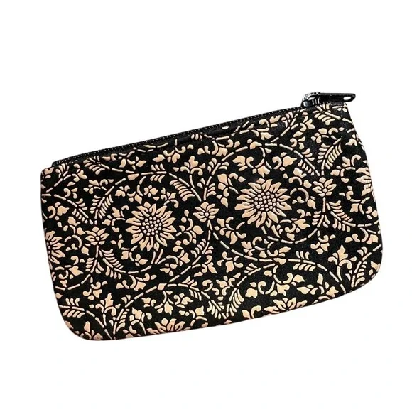 Inden-Ya Yamamoto Japanese Lacquered Deerskin Floral Sunflower Coin‎ Purse Black