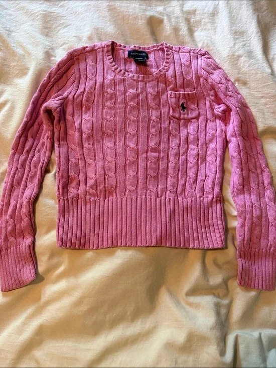 Ralph Lauren Pink Cable-Knit Cotton Crew Sweater