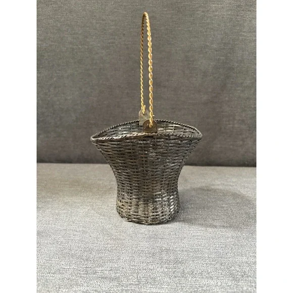 Vintage‎ Teleflora Gift Metal Woven Basket Tall Moveable Handle Silver Toned