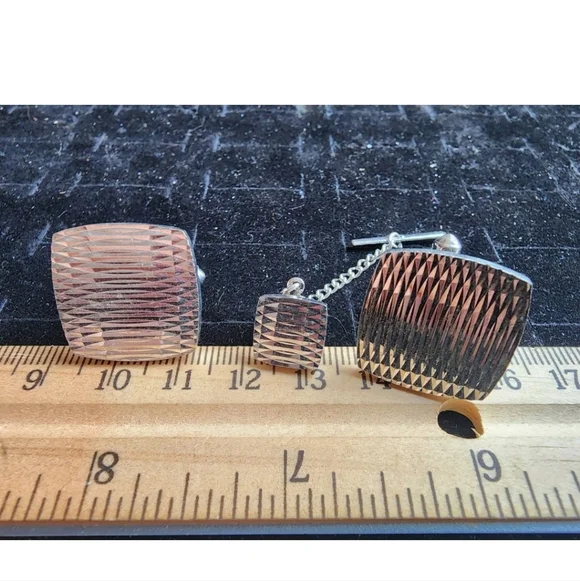 Vintage Cufflink Set Silver Tone Stamped Weave Rolled Edge Used
