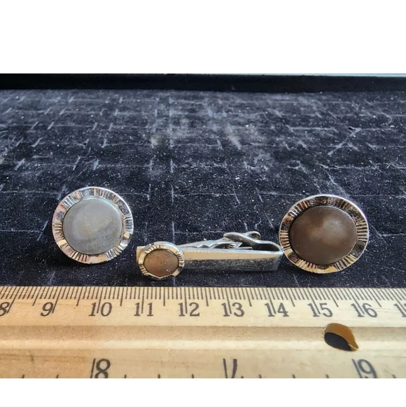 Vintage Cufflink Set Silver Tone Natural Stone Used