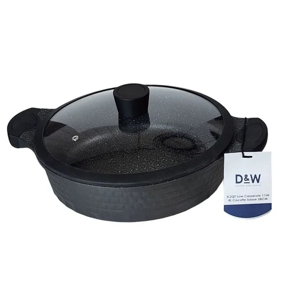 D&W Cookware 11inch Low Casserole Pan With Lid Non Stick 4.2QT Black
