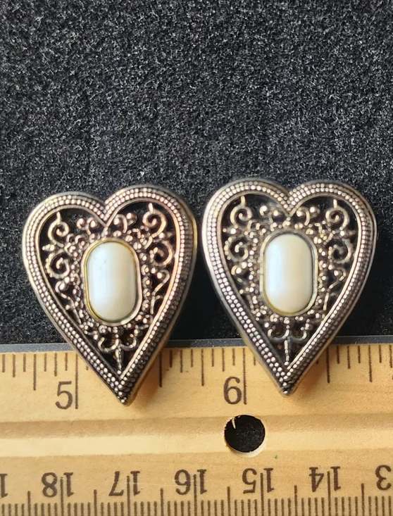 Vintage Button Cover Heart Filigree w/ Mother Of Pearl Cabochon Used