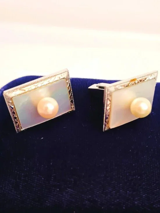 MOP & Pearl Rectangle Cufflinks Vintage Silver Tone Inlay Beveled Scroll