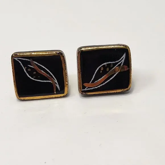 Hand Painted Ceramic Black Gold Tone Cufflinks Vintage 1960s MCM Leaf Motif