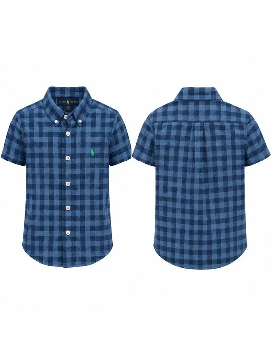 Ralph Lauren Blue Navy Flannel 4T Collared  Button Up Green Pony