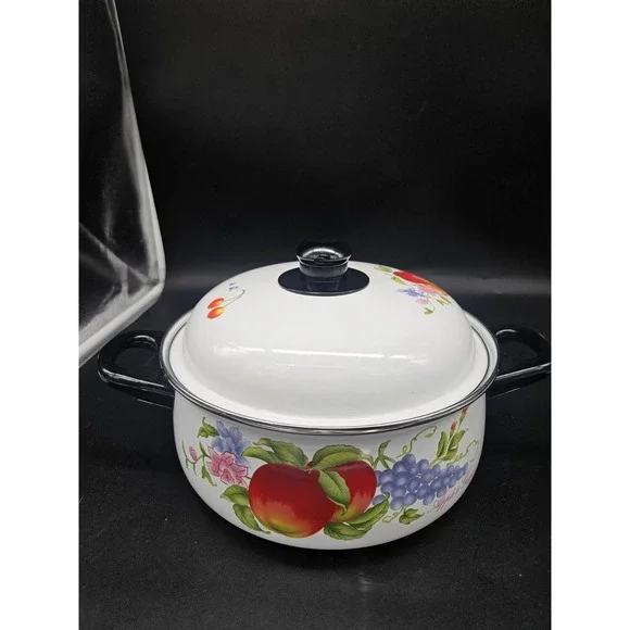 Vintage Enamelware Apple & Grape Large Pot W/ Lid