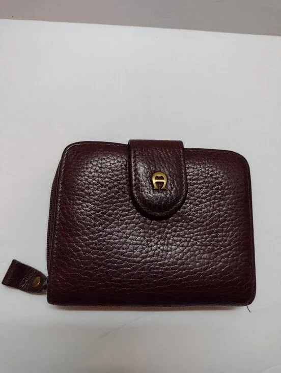 Etienne Aigner Pebbled Leather Wallet in Dark Brown with Gold-tone Logo EUC
