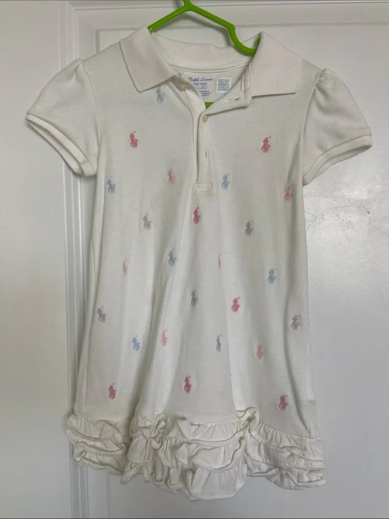Ralph Lauren White Girls Polo Dress with Pastel Pony Embroidery