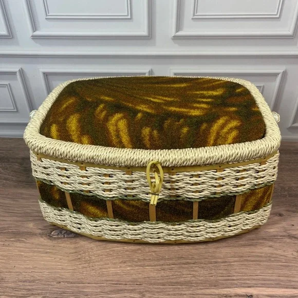 Vintage Dritz Sewing Basket Wicker Style w/Handle Woven Japan Oval Velvet MCM