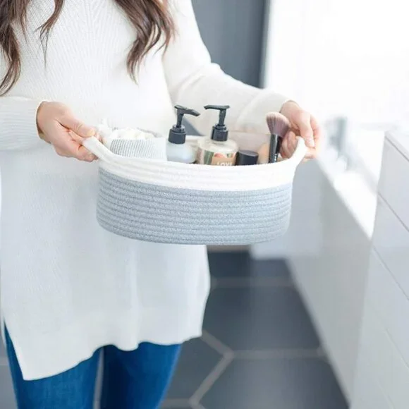 Oval Cotton Rope Storage Basket Set | Set of 3 | Neutral Off-White & Gray