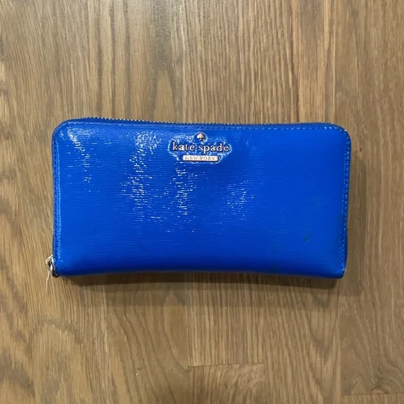 Kate Spade Women’s Royal Blue Gold Leather Textured Shinny Zipper Long Wallet