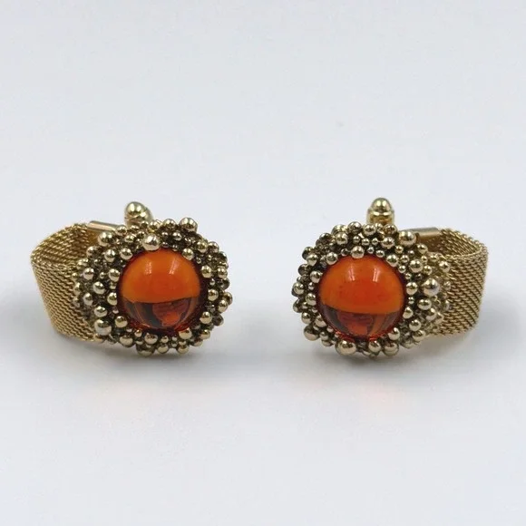 1970 Vintage Amber Cabochon Cufflinks‎ Gold Tone Mesh Wrap Statement Retro Mens