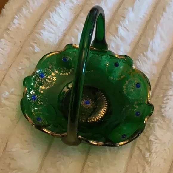 Elegant Green Glass Basket with Gold Accents
