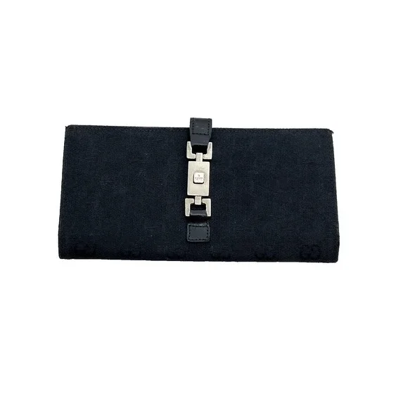 Gucci GG Canvas Jackie Clasp Long Wallet Black Leather Made In Italy