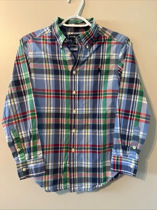 Polo Ralph Lauren Boy's Size Med 10/12 Button Down Shirt Plaid Cotton Pony