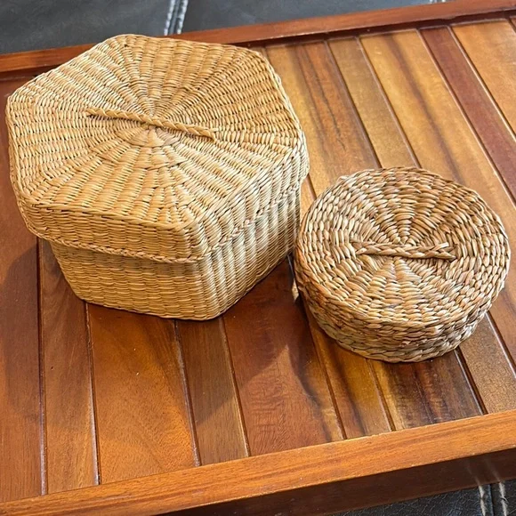 Vintage Sweetgrass Hexagon and Round Woven Basket Set