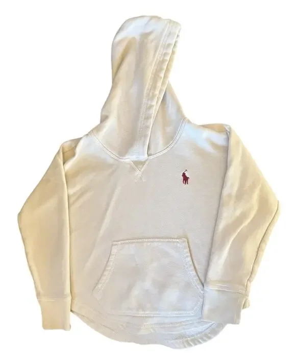 Ralph Lauren Girls Sz 6 Cream Pullover Classic Hoodie Sweatshirt Red Pony Logo