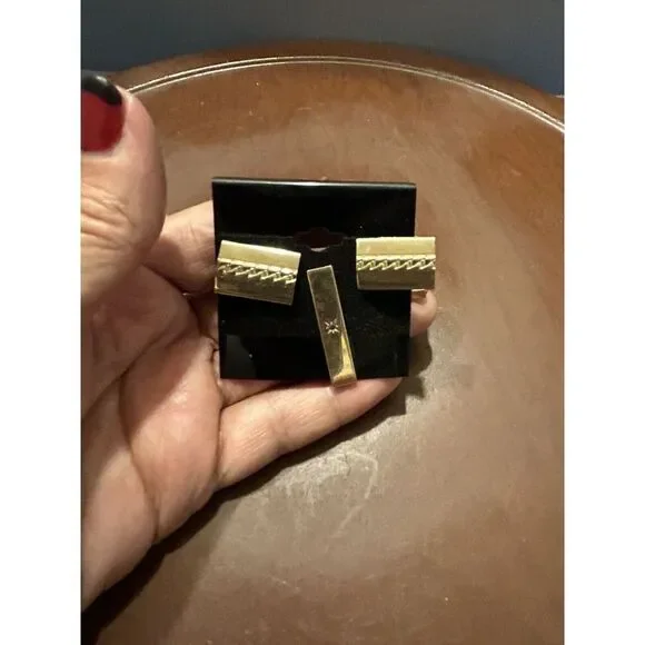 Vintage MCM Goldtone Square Cufflinks & Tie Clip Mid Century‎ Modern Mens