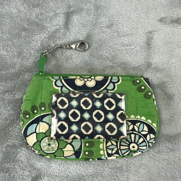 Vera Bradley ID Case Coin Purse Wallet Green Blue Floral Clip Zip Top