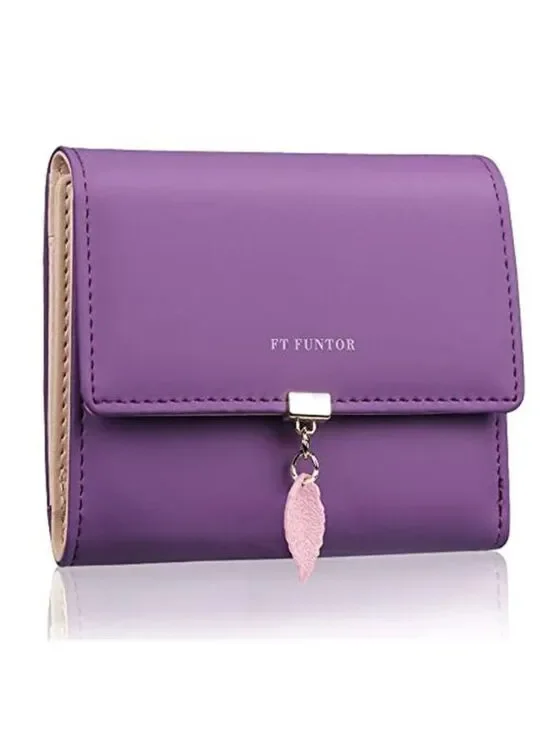 RFID Purple Wallet Leaf Card Holder Trifold Ladies Wallet with Zipper Pocket