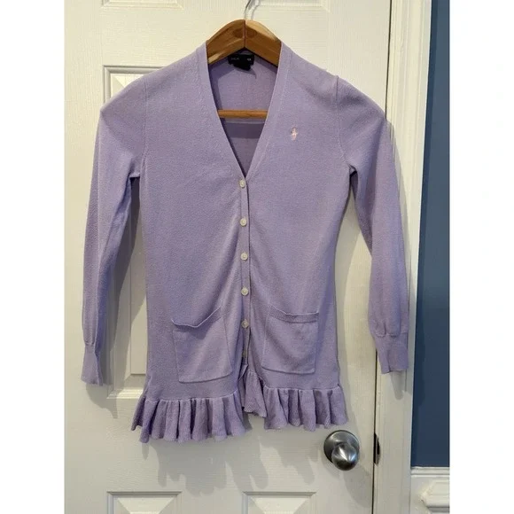 Ralph Lauren Light Purple Cardigan Girls XL 16 Ruffle HemGirly Preppy Spring