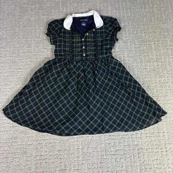 Vtg Ralph Lauren Girls Plaid Dress 90s Tartan Holiday Peter Pan Collar Blue 4T