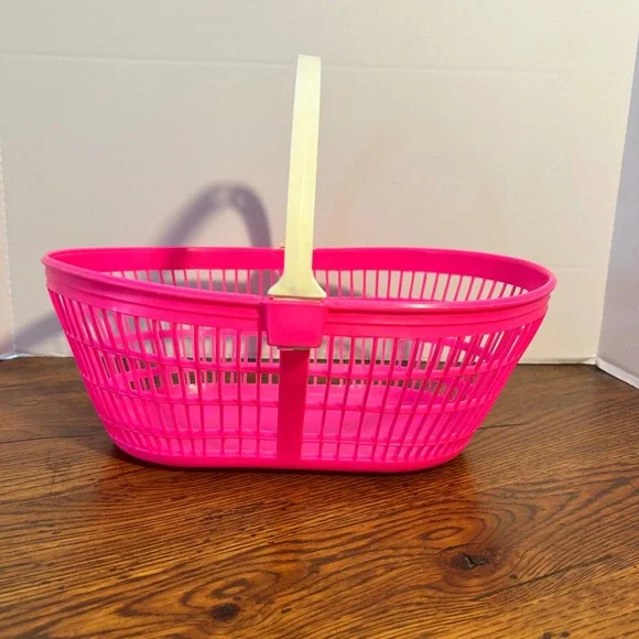 Vintage Neon Hot Pink Plastic Easter‎ Basket with Cream Handle 12.5 Inch