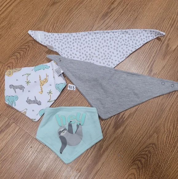 Set Of 4 Bandana Bibs Infant Gray Blue Animals Sloth