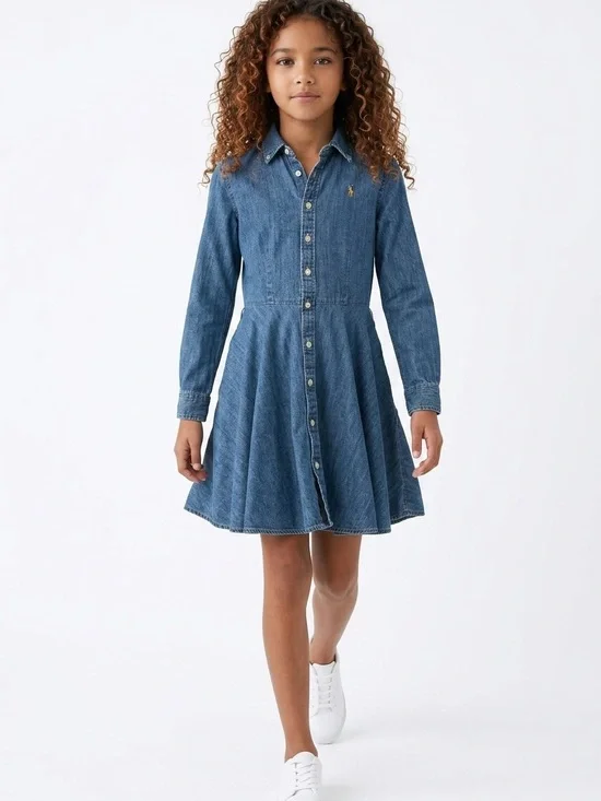 Ralph Lauren Girls' 12 Long Sleeve 2 Pocket Button Down Front Denim Flare Dress