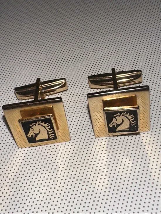 Vintage Mid Century Gold-Tone Horse Head Square Cufflinks