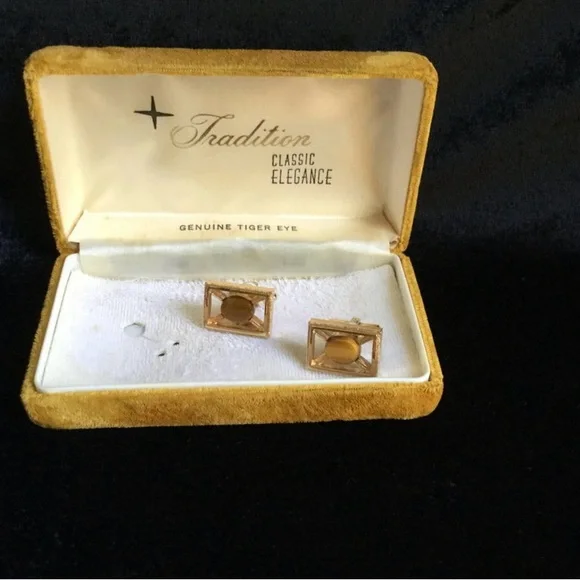 Vintage Genuine Gold-tone Tiger Eye Cuff Links