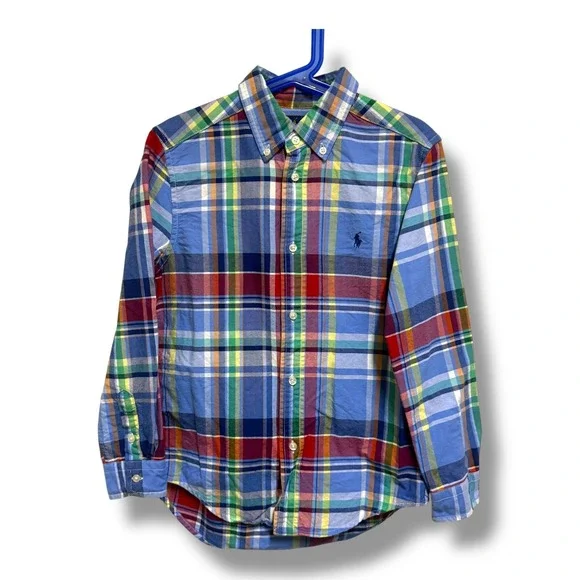 Ralph Lauren Boys Blue Multi Plaid Cotton Oxford Long Sleeve Button Down Shirt 7