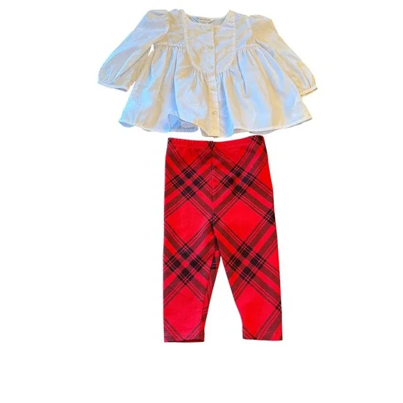 Ralph Lauren Outfit Set White Red Plaid Tunic and Leggings 9M Holiday Preppy