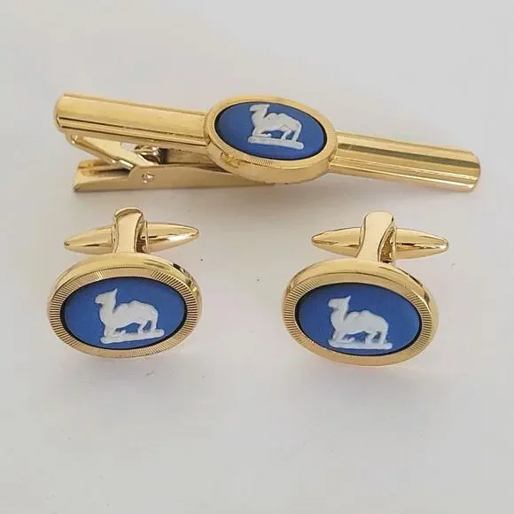 Wedgewood Jasperwear Tie Bar Clip Cufflinks Set Gold Blue Tone Camel England