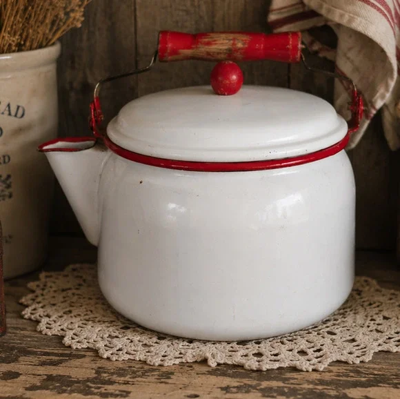 🏕️🚙Enamelware Kettle Coffee Pot White Red Wood Handle Farmhouse Camp Cowboy