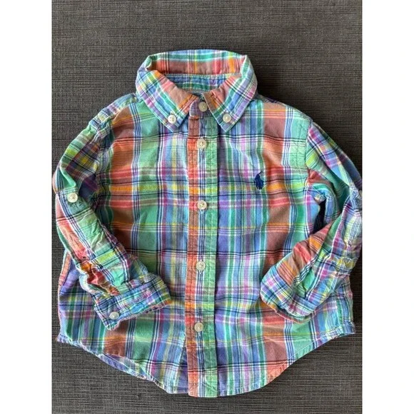 Polo Ralph Lauren Baby Boy Bright Pastel Plaid Button Down Shirt - Size 12 Month